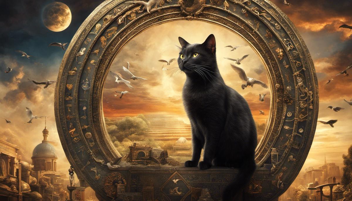 Image description: An artistic depiction of a cat in a surreal setting, surrounded by symbols representing different aspects of its historical and biblical significance.