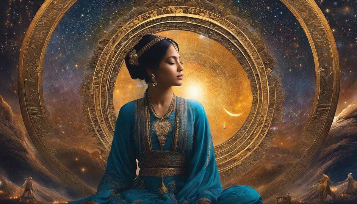 A person deep in thought, surrounded by dream-like symbols and imagery, representing the complexity of dream interpretation and its connection to human psychology and divine interaction.