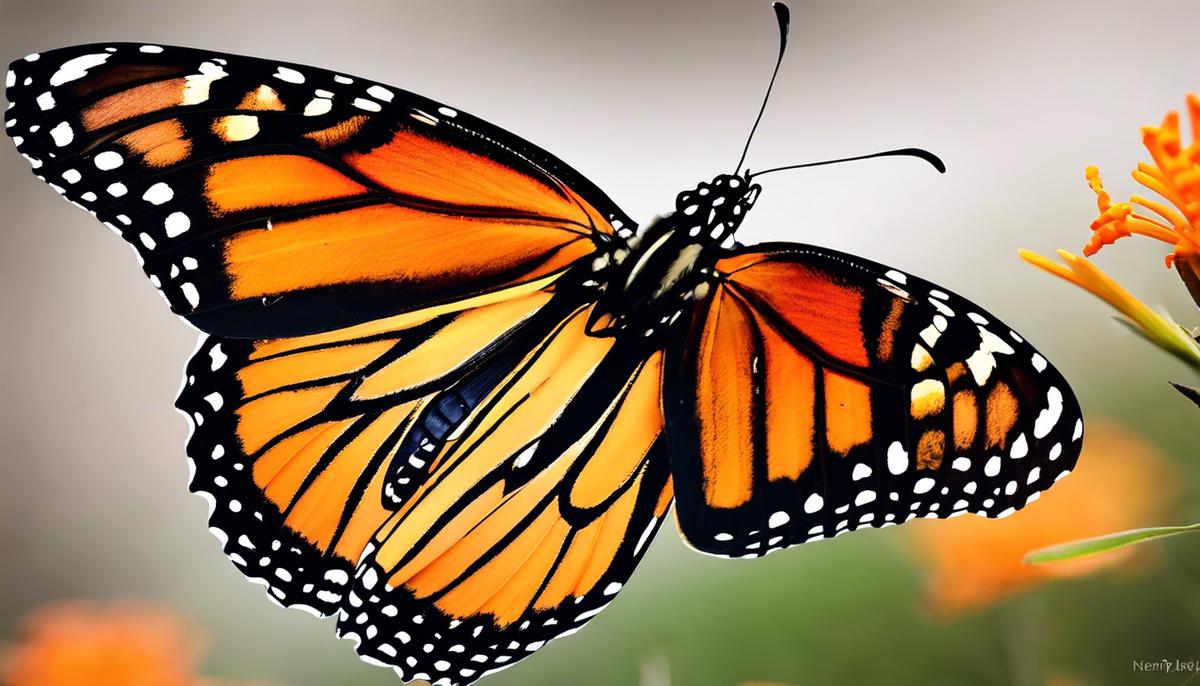 A vibrant image of a monarch butterfly gracefully fluttering with its orange and black wings