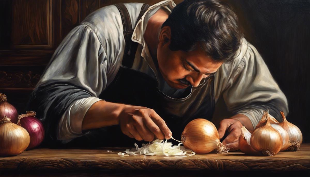An image showing a person peeling an onion, symbolizing the act of self-reflection and uncovering truths.