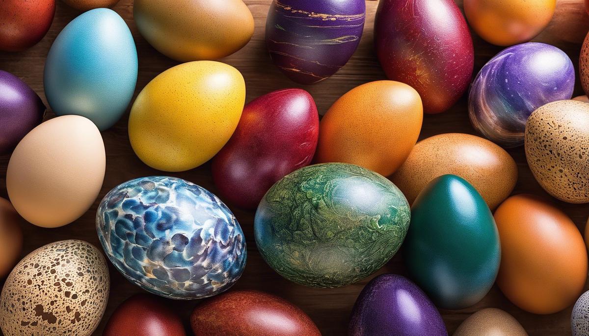 An image showcasing eggs in various vibrant colors, symbolizing new beginnings and cultural and biblical significance.