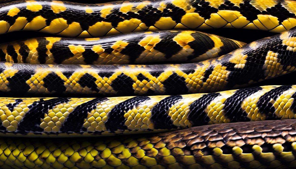 The image shows an anaconda, a large snake, coiled up with patterns on its skin.