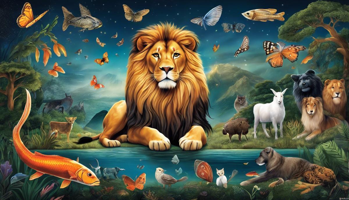 Illustration of various animals representing archetypes in dreams, depicting a lion, fish, goat, butterfly, owl, snake, dog, and cat.