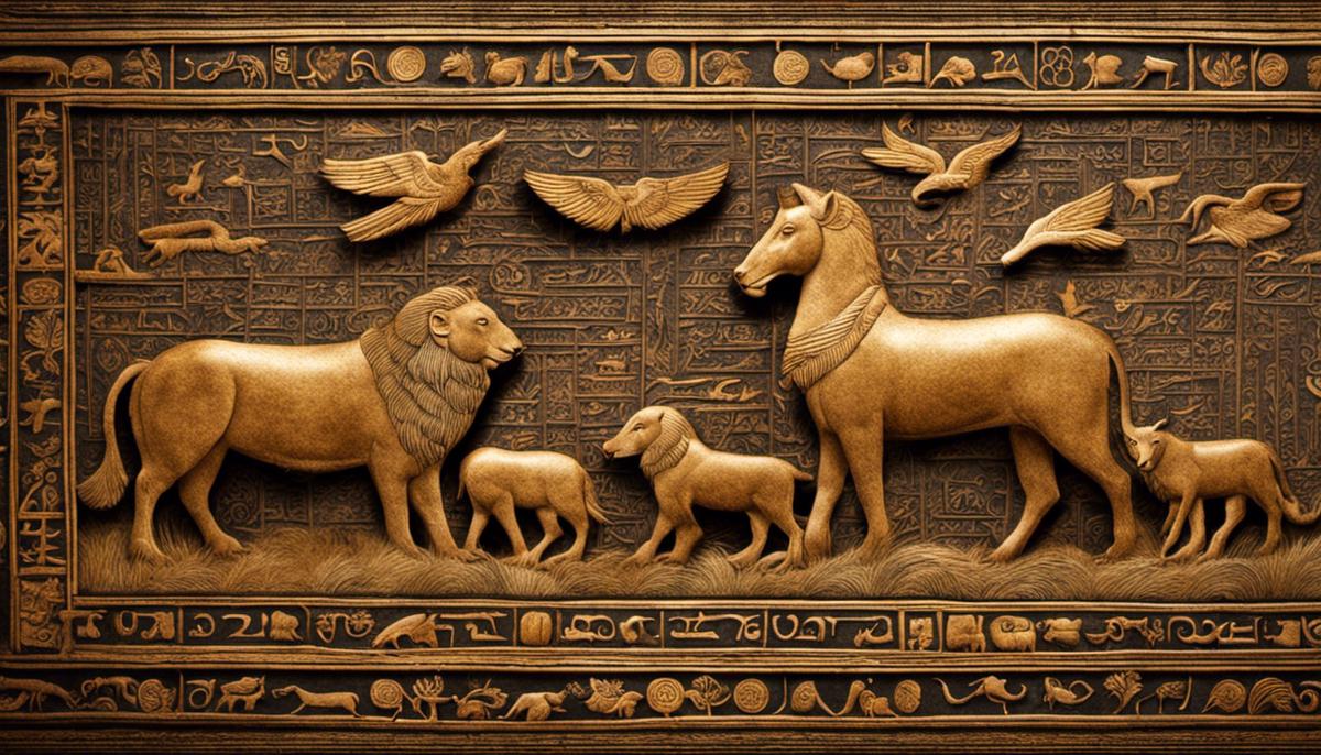 An image of ancient manuscripts with animal symbols carved on them, representing animal symbolism in biblical times.