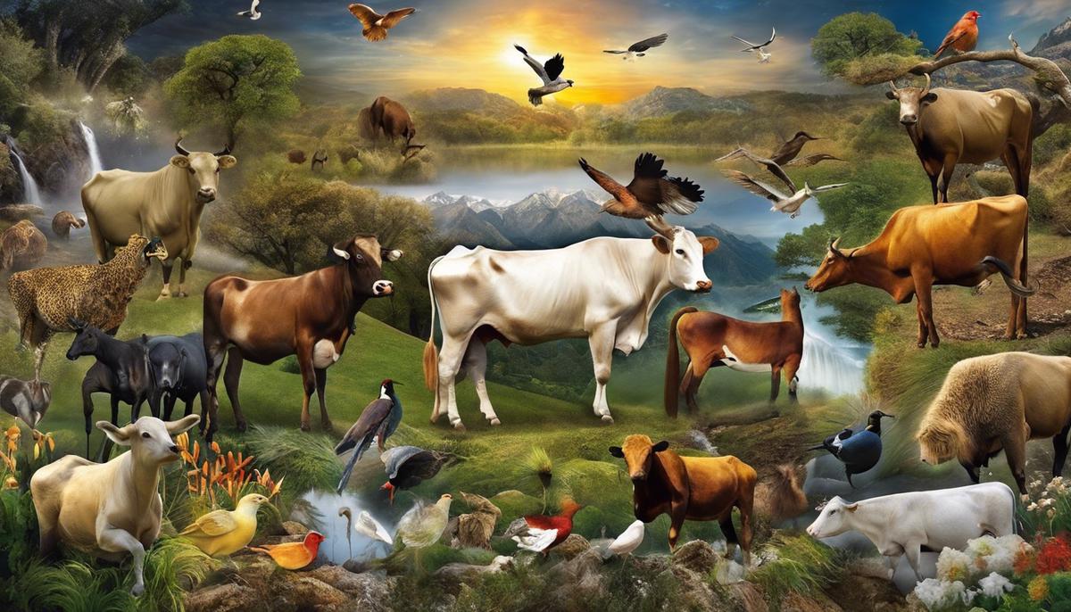 A collage of animals including cows, birds, snakes, and beasts, representing the diverse symbolic meanings of animals in biblical dreams.
