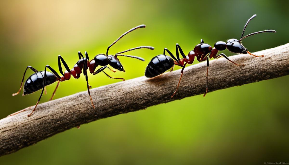 An image depicting ants on a branch, symbolizing the significance of ants in biblical texts, guiding humanity towards wisdom and ecological respect.