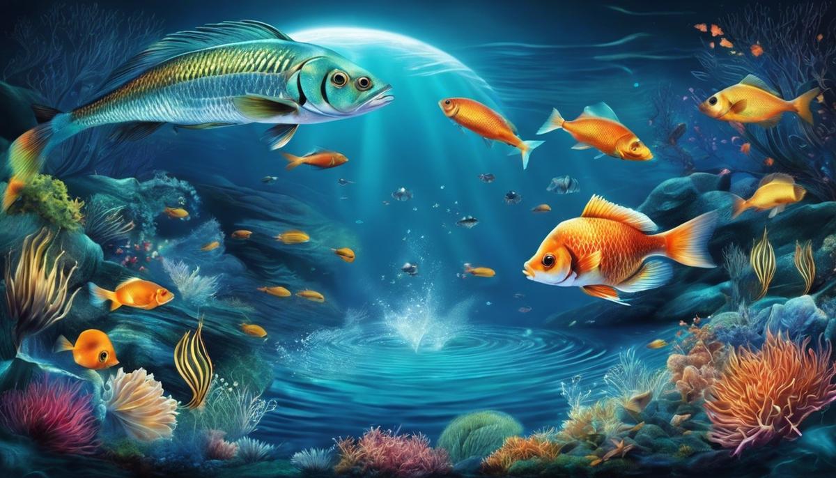Illustration of fish and water in different dream sequences, representing the symbolism of aquatic elements in dreams.