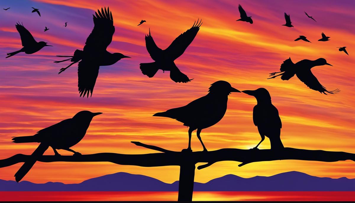 The image shows a variety of silhouetted birds against a vibrant sunset sky, representing the symbolism of birds in dreams and their connection to the mysteries of the subconscious.
