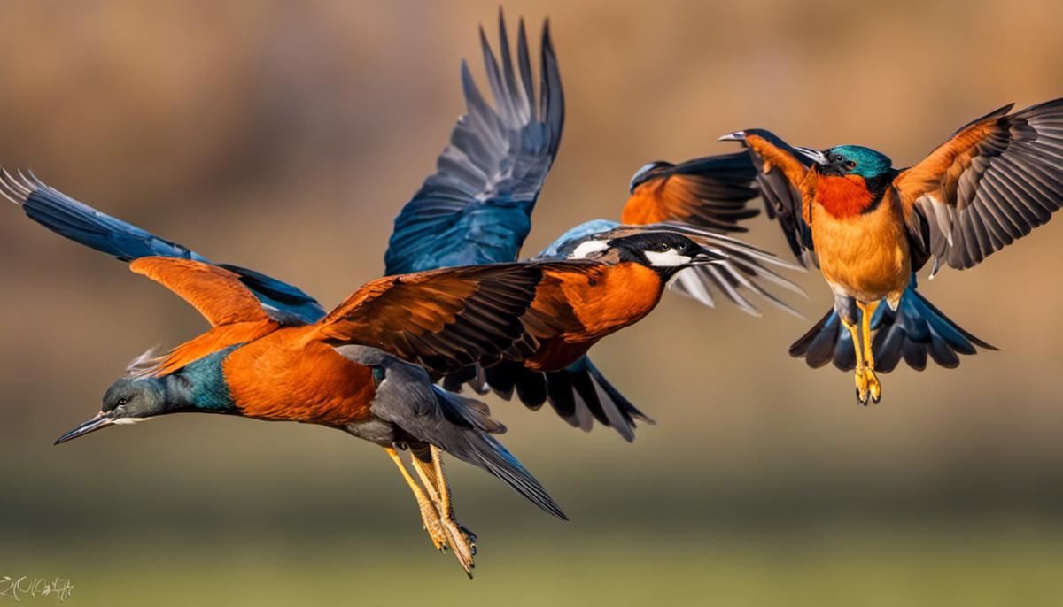 A close-up photograph showing various birds in flight, symbolizing the interconnectedness of avian symbolism and dreams.