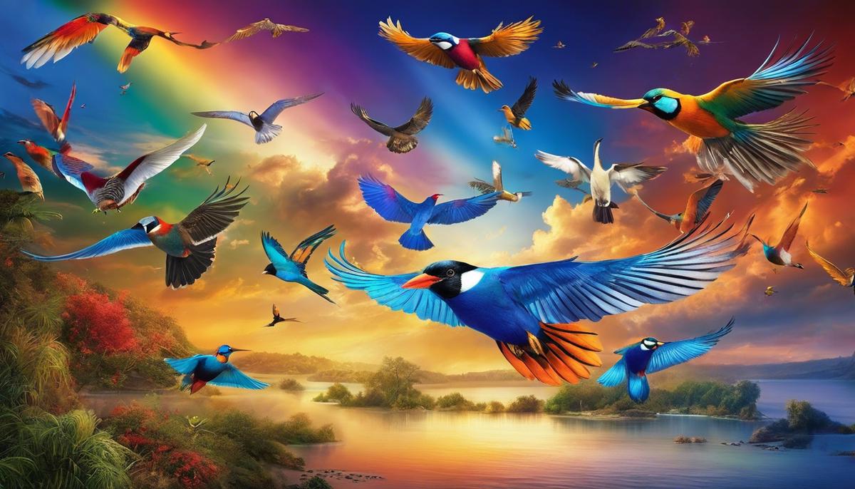 Image depicting a variety of colorful birds in flight, representing the diverse symbolism and interpretations of avian symbolism in dreams.