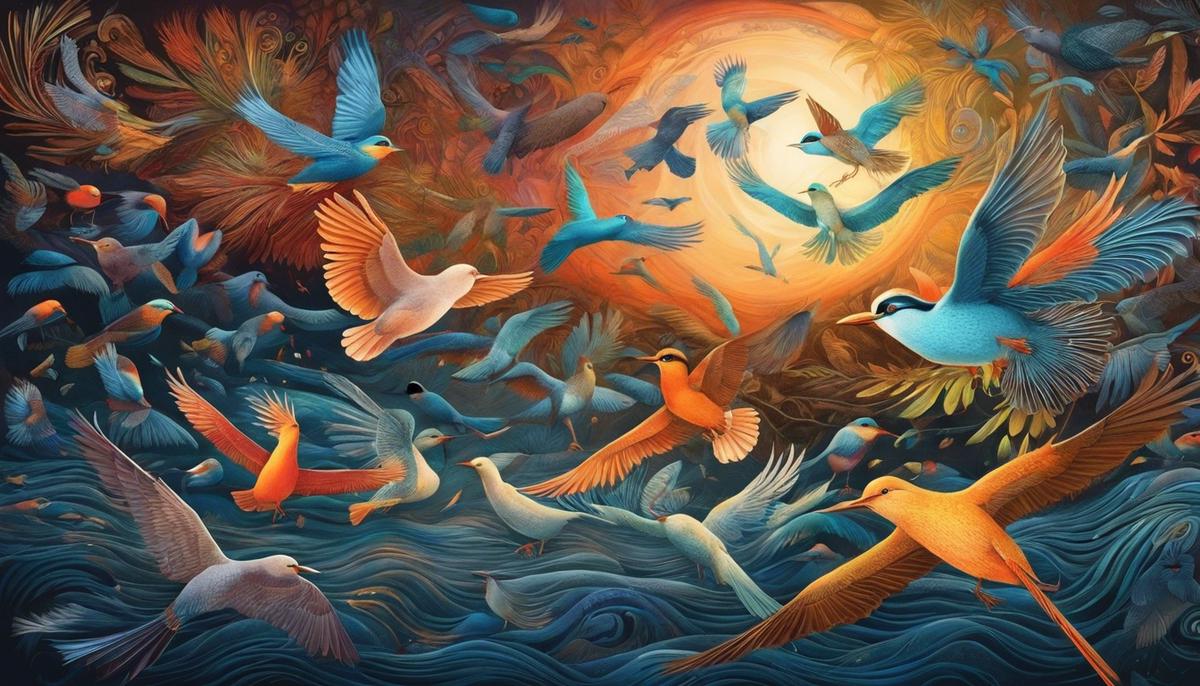Illustration of various birds in a dream, symbolizing the exploration of the subconscious mind