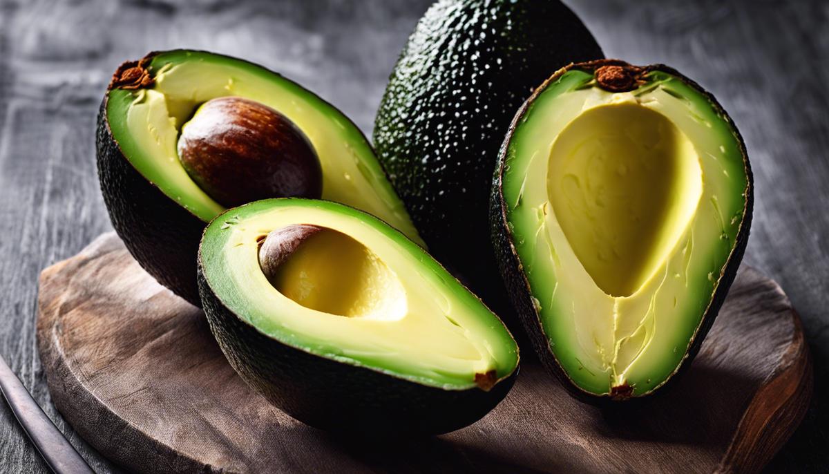 An image of ripe avocados sliced in half, showcasing their green flesh and large seed.