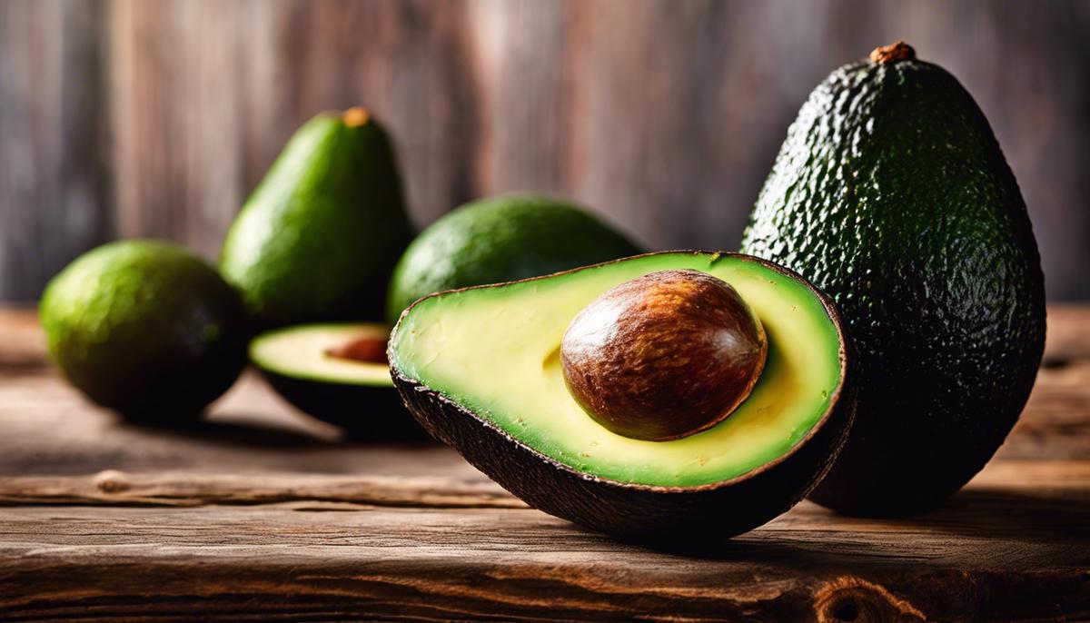 An image of a ripe avocado sitting on a wooden table.
