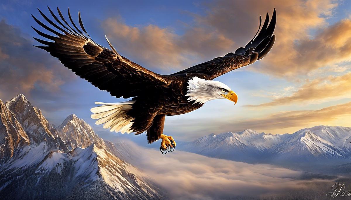 A majestic bald eagle soaring through the sky, symbolizing strength, freedom, and spirituality.