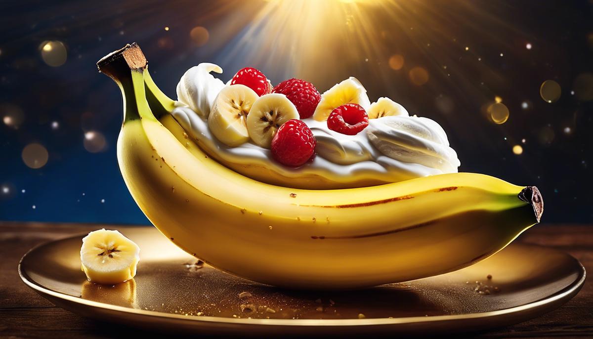 An image of a banana split in half, revealing a golden light emanating from within, symbolizing the spiritual and divine significance of bananas in dreams.