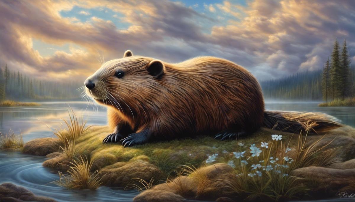 An image of a beaver surrounded by dreamy clouds, representing the significance of beaver dreams in various cultures.
