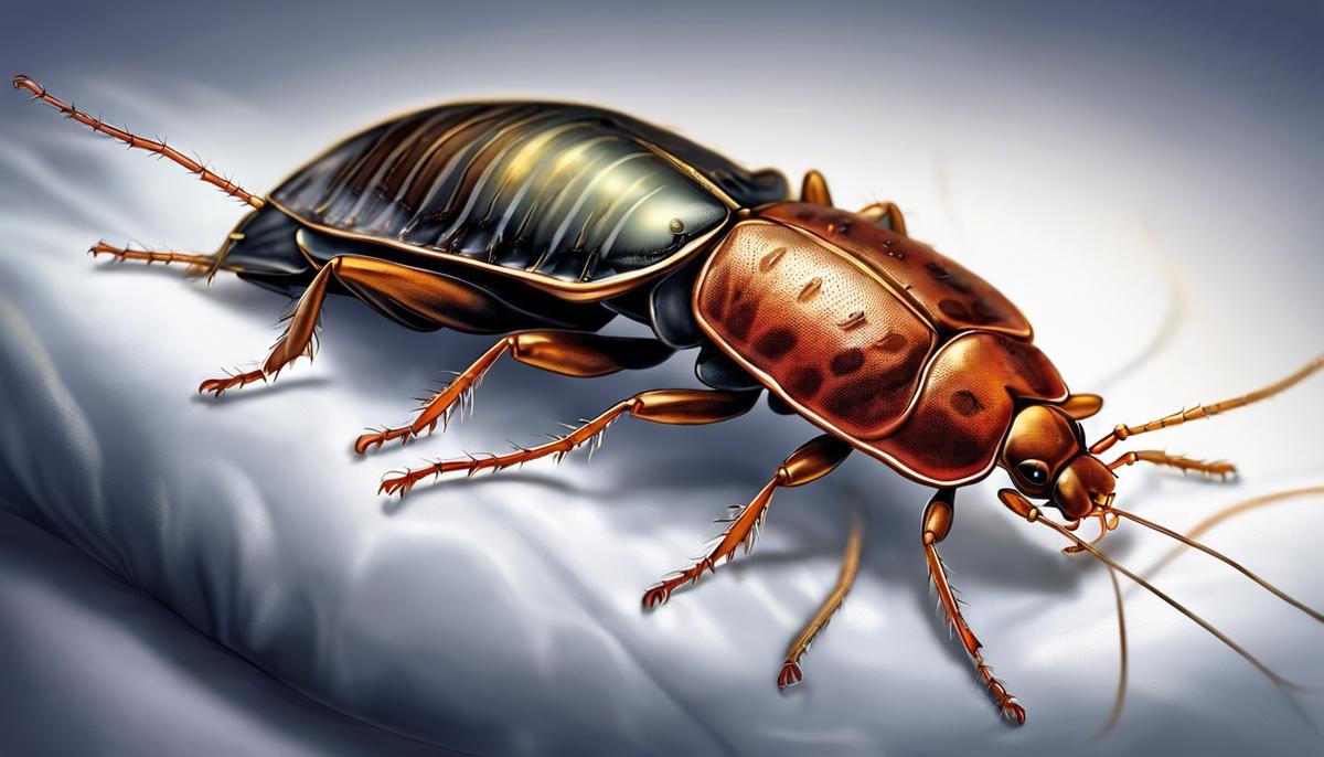 Illustration of bed bugs crawling, representing the symbolism of bed bugs in dreams, provoking thoughts and reflection for self-evaluation and growth.