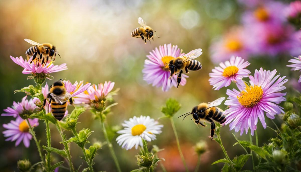 Image of bees pollinating flowers, symbolizing spiritual growth and fostering divine love