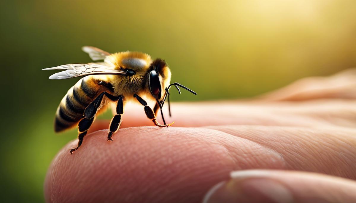 Image of a bee stinging a person's finger, representing the concept of a bee sting dream