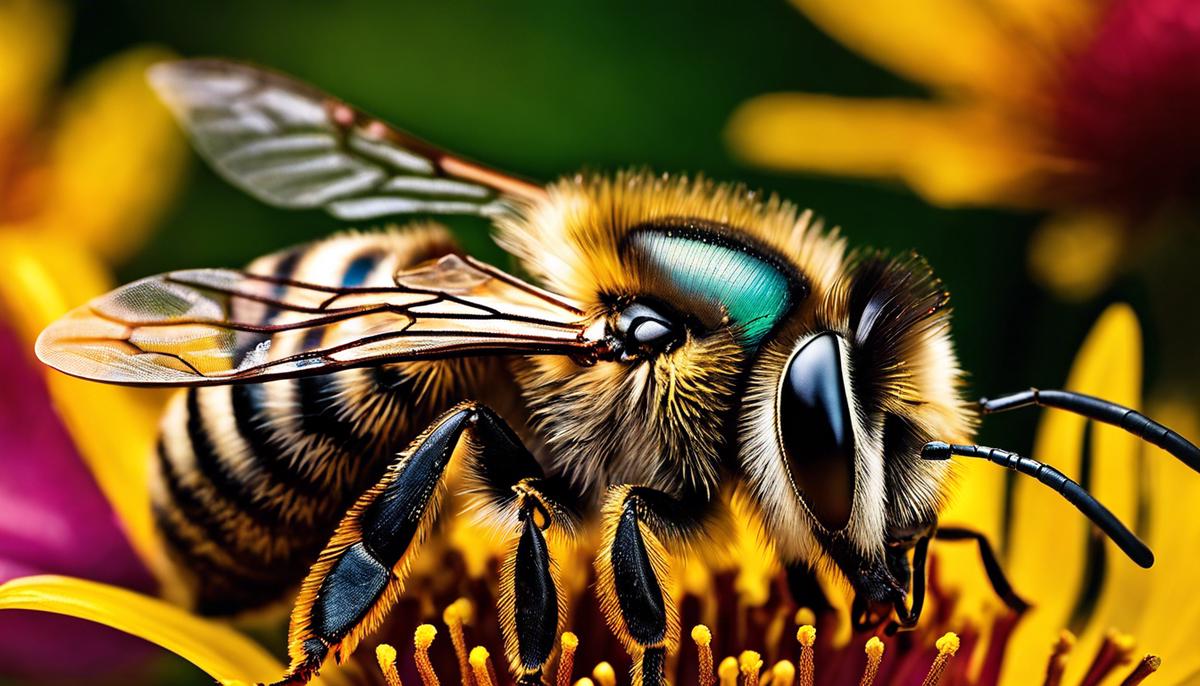 A close-up image of a bee, highlighting its striped body and wings, representing the symbolic nature of bees in human dreams.