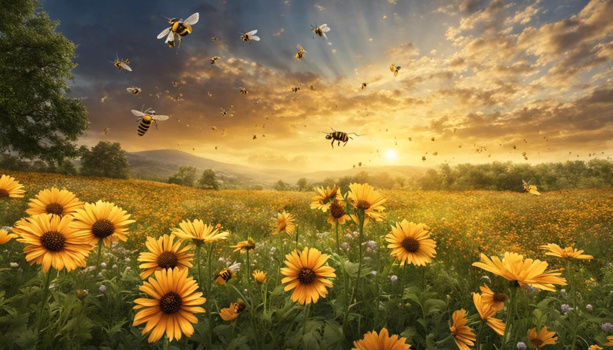 Image of bees flying above a field of flowers