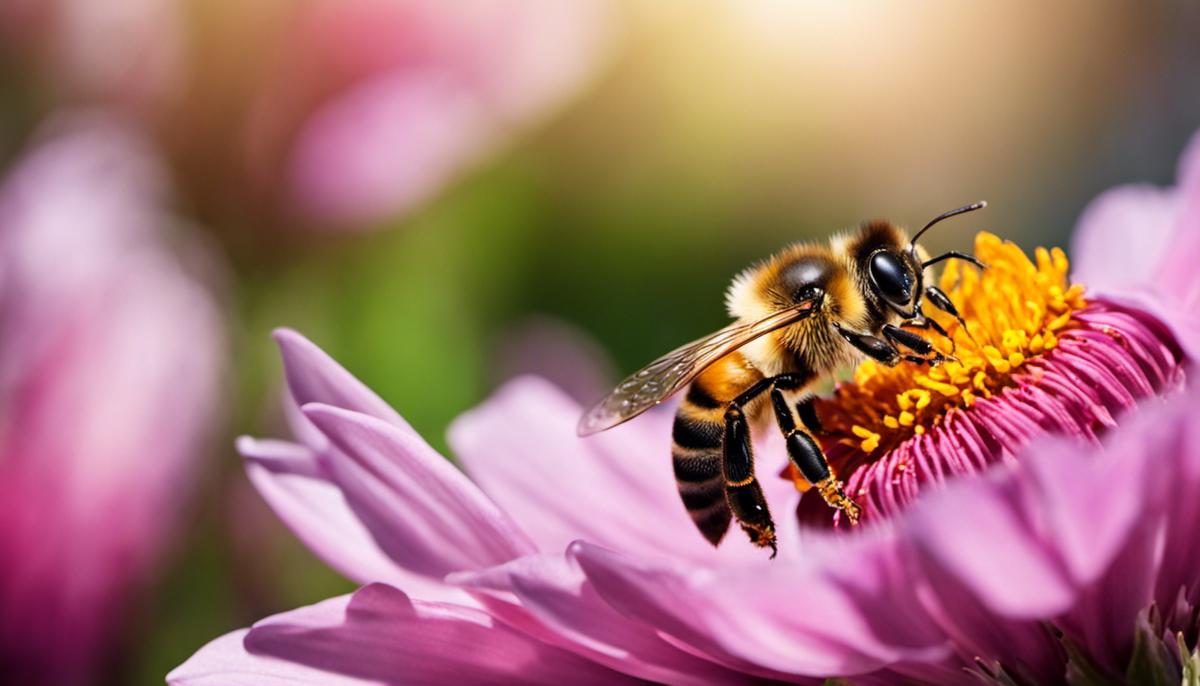 A close-up image of a bee pollinating a flower, portraying the indispensable role of bees in the pollination process.