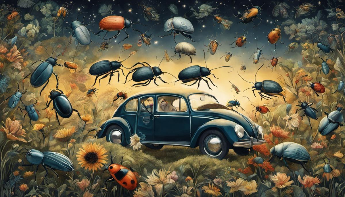 Illustration of beetles in dreams, showing various types of beetles surrounding a sleeping person
