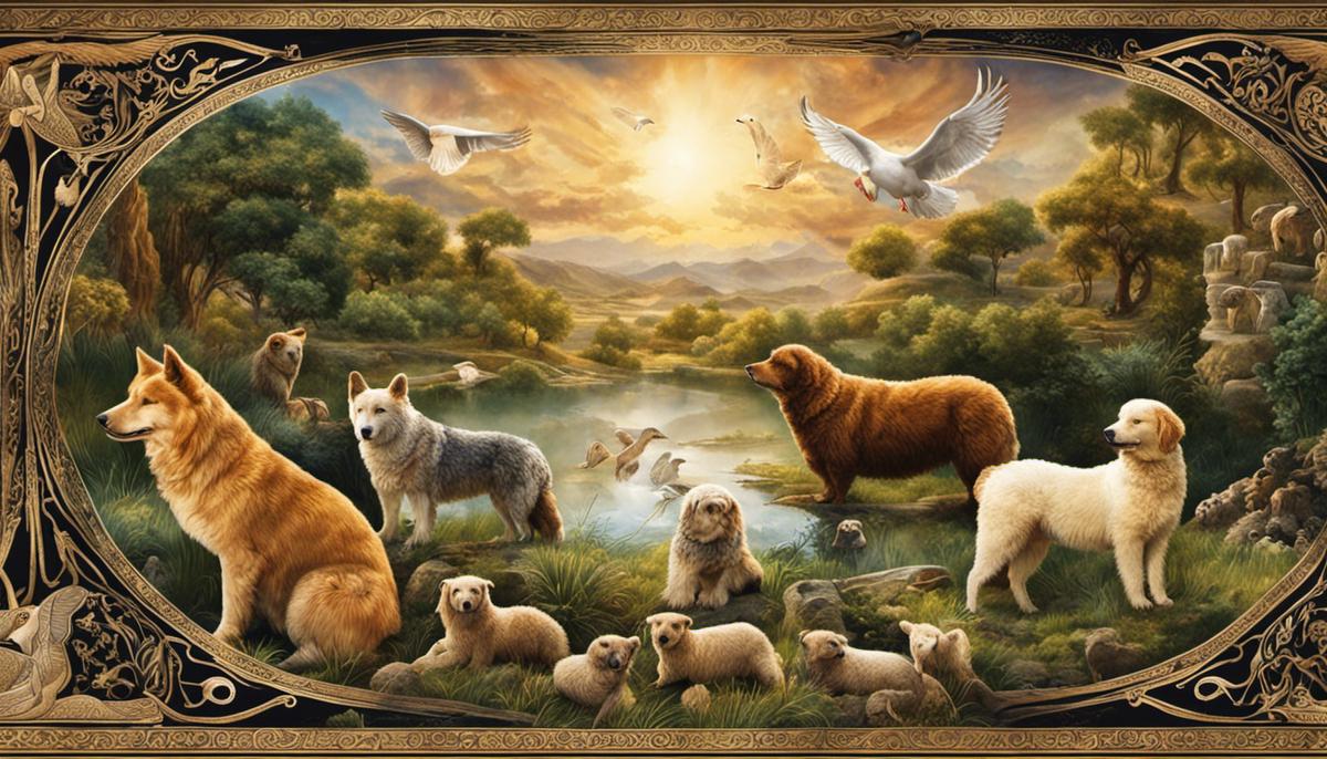An image depicting biblical animal symbols, showing various animals like dogs, snakes, lambs, bears, owls, and a dove, representing their symbolic roles in dream interpretation.