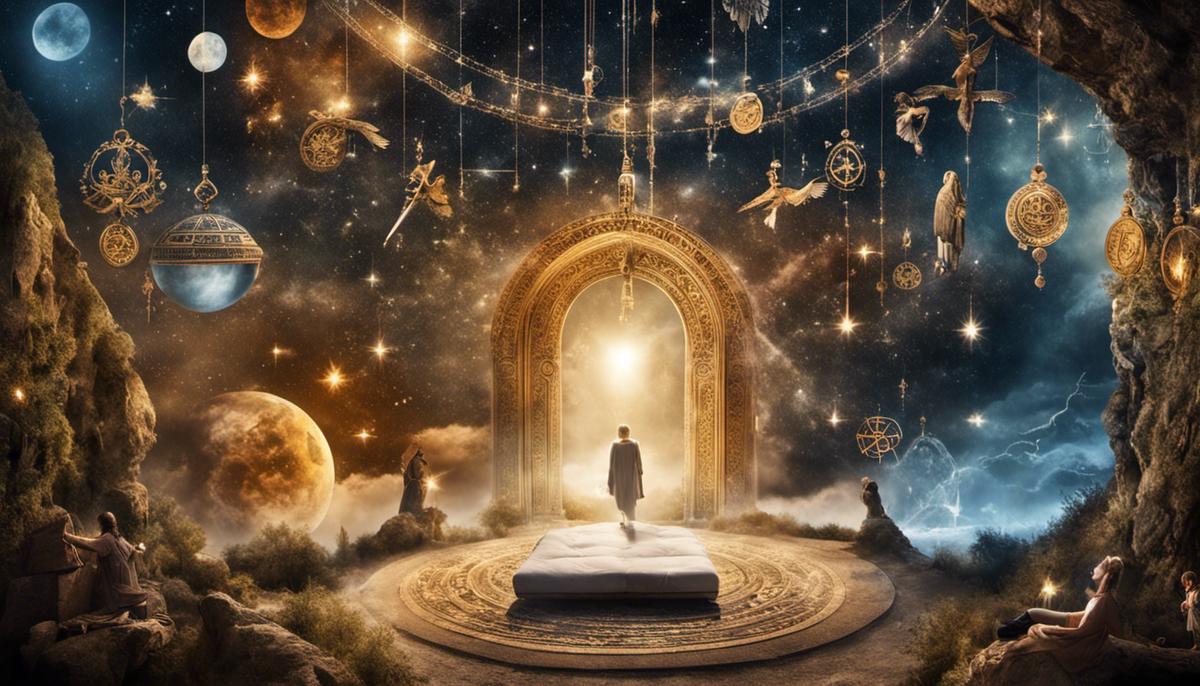 Image depicting a person surrounded by various dream symbols, representing the complexity of biblical dream interpretation.