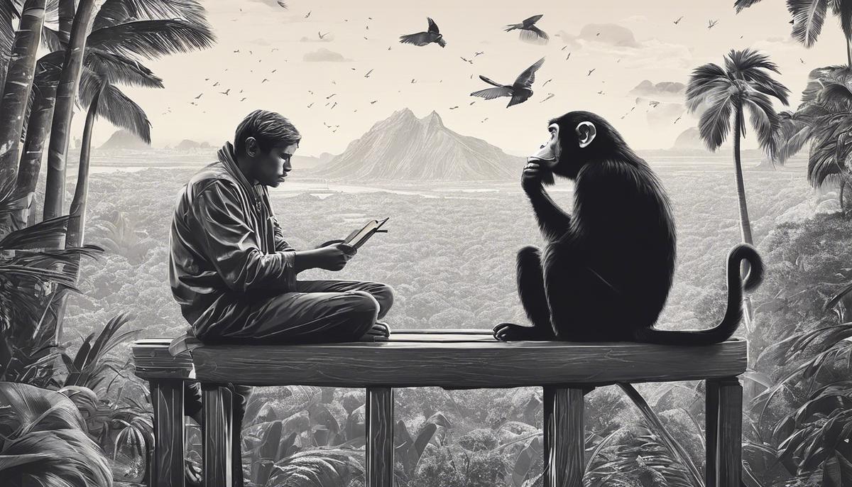 Image of a person pondering over dream symbols and monkeys with dashes instead of spaces