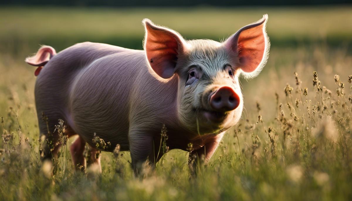 A close-up image of a pig standing in a meadow
