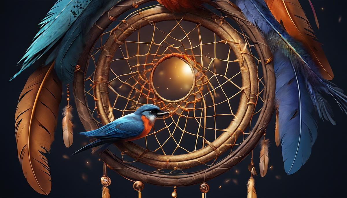 Illustration of a dream catcher surrounded by bird feathers, representing the topic of dreams involving birds