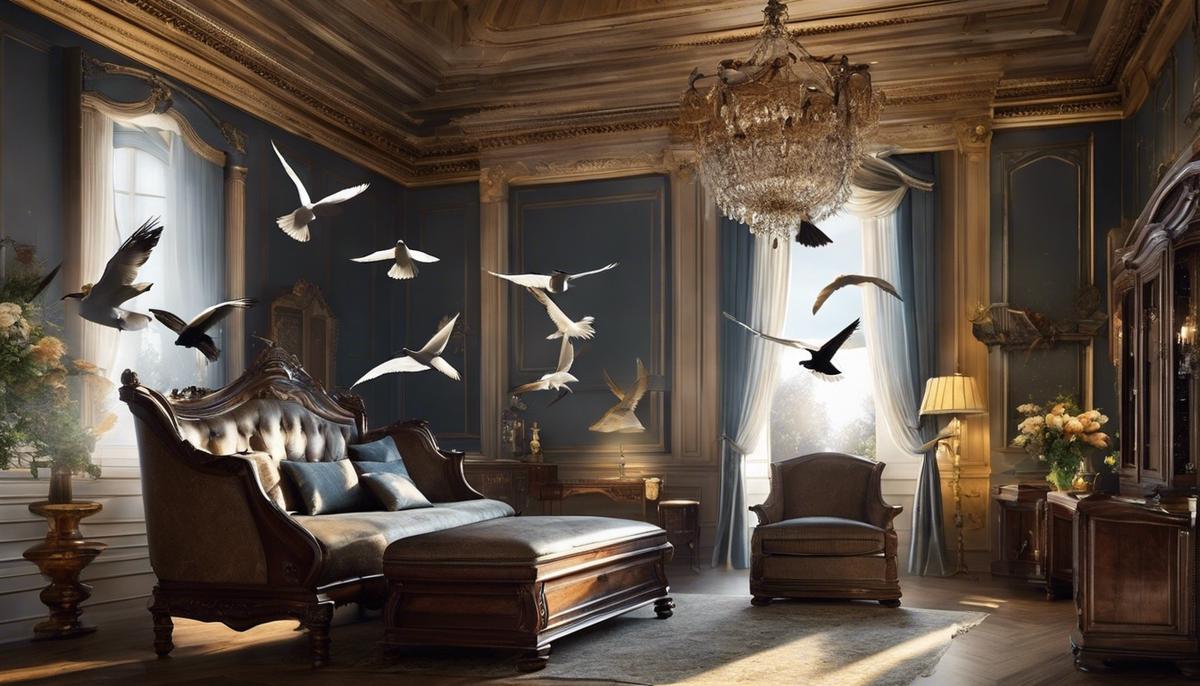 Image of birds flying inside a house, symbolizing the dreamer's psychological state and the tension between freedom and constraint.
