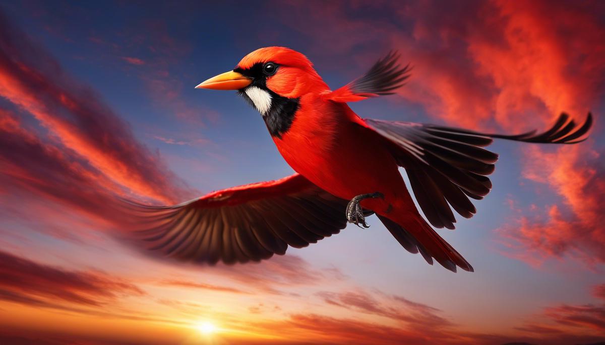 A red bird flying in front of a beautiful sunset