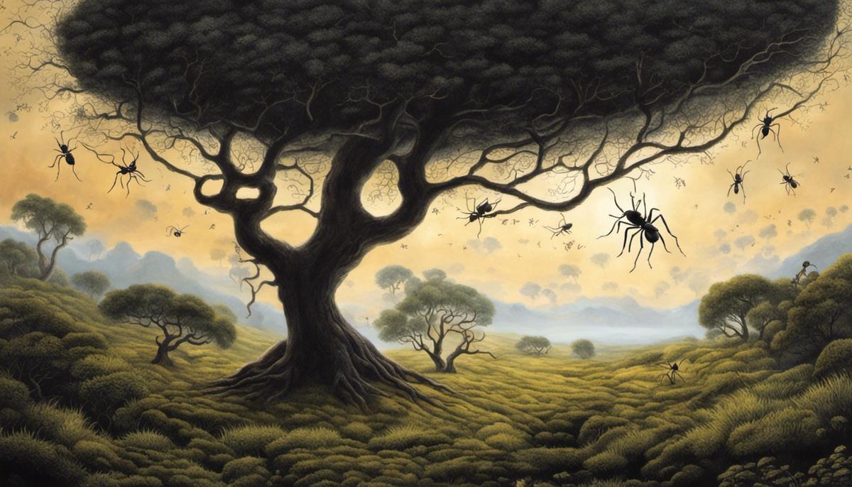 Black ants crawling in a dream-like landscape depicting the interplay between the subconscious mind and biblical interpretations.