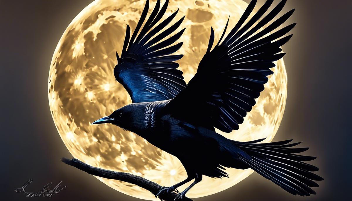 A black bird with spread wings in front of a full moon, representing the symbolism and significance of black birds in dreams.