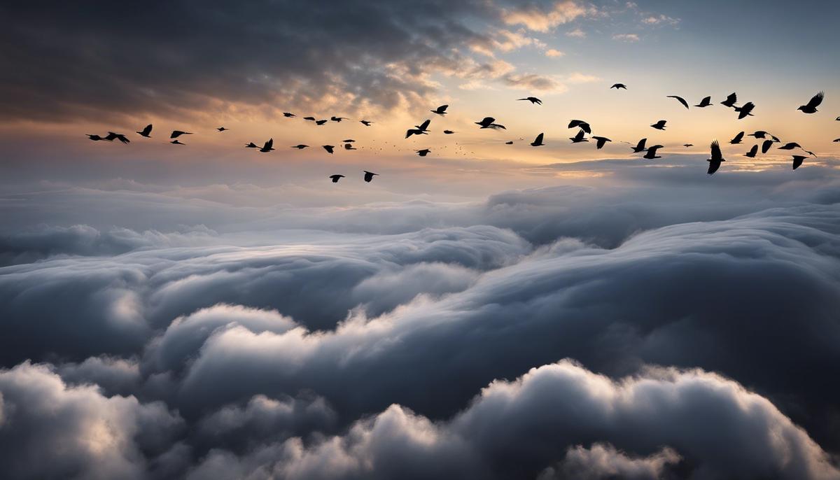 Image depicting black birds flying across a cloudy sky