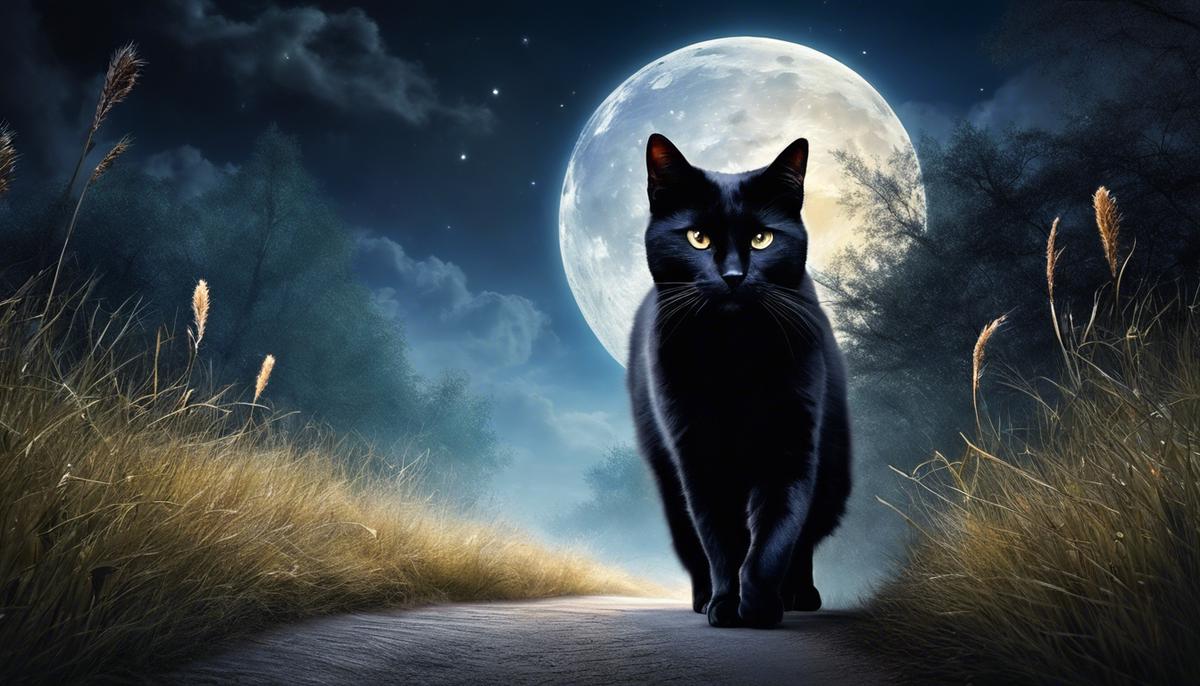 Image of a black cat walking on a moonlit path, symbolizing spiritual transformation, self-discovery, and personal growth.