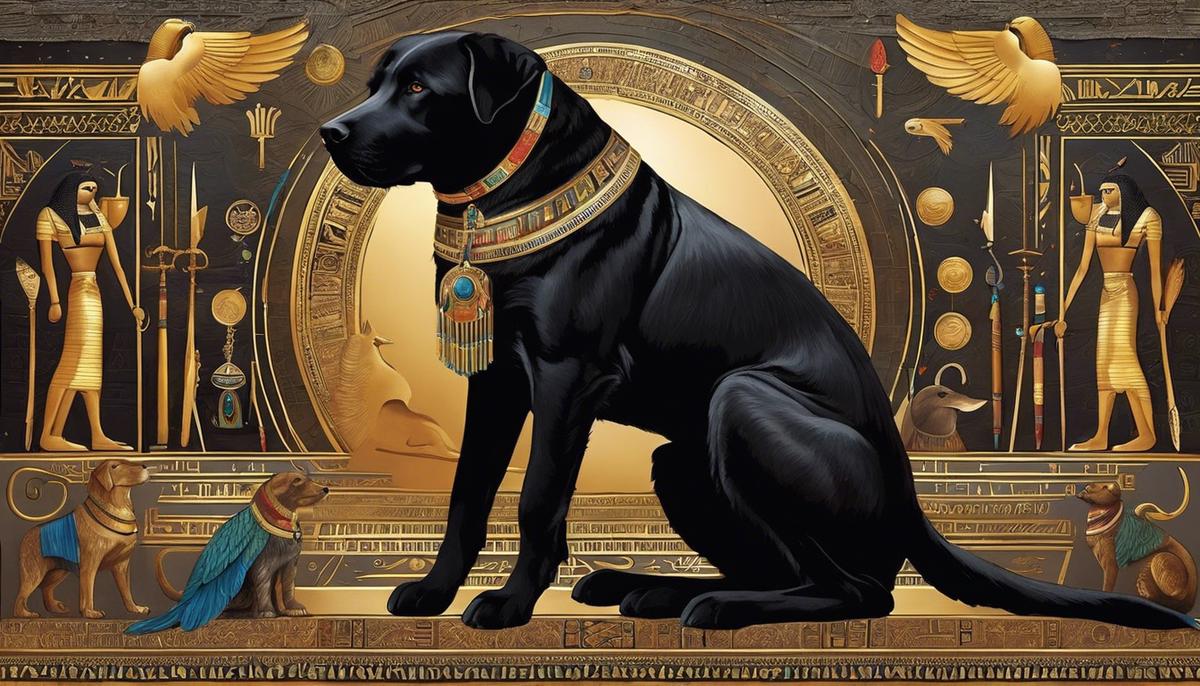 A depiction of a black dog surrounded by various symbols representing ancient Egypt, European folklore, Greek mythology, biblical narratives, and contemporary pagan traditions.
