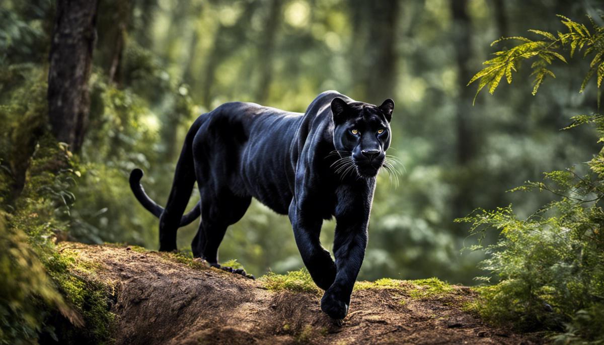 A majestic black panther walking through a dense forest