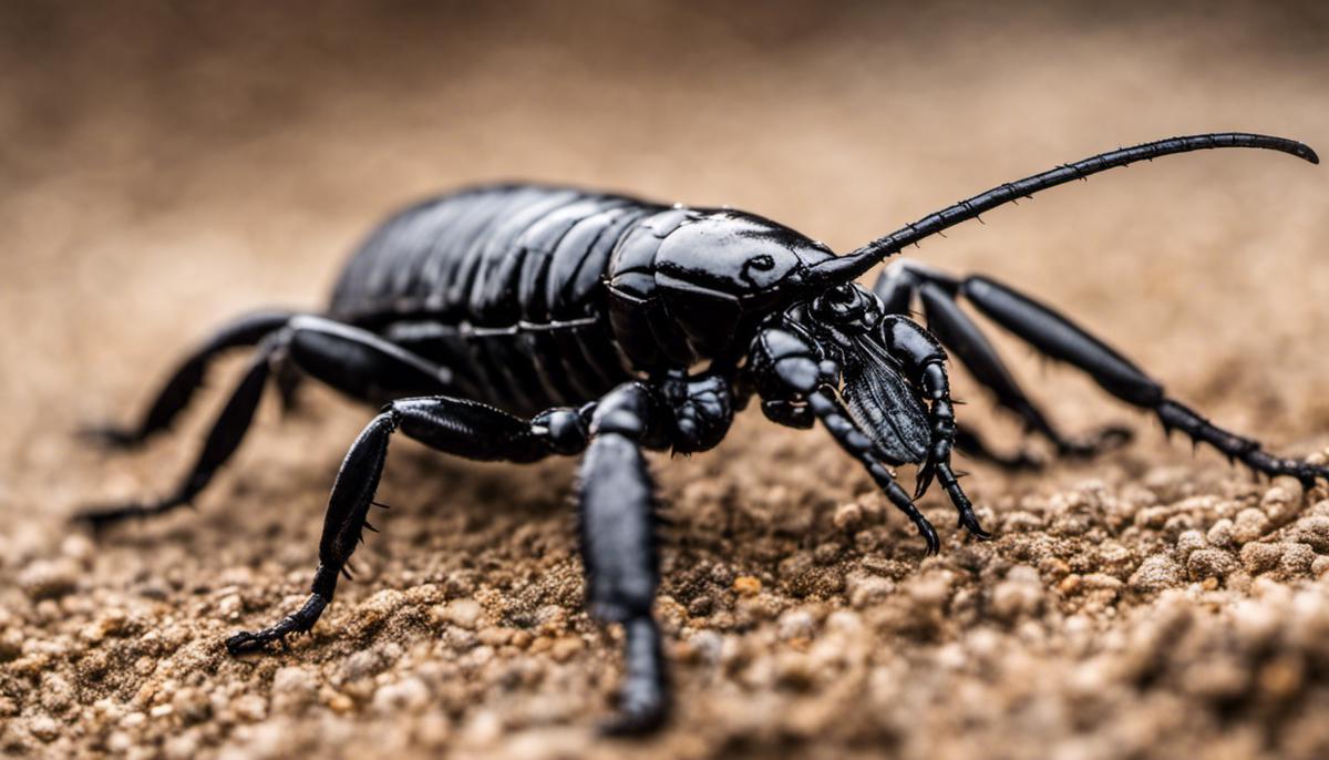 A black scorpion crawling on a dry surface.