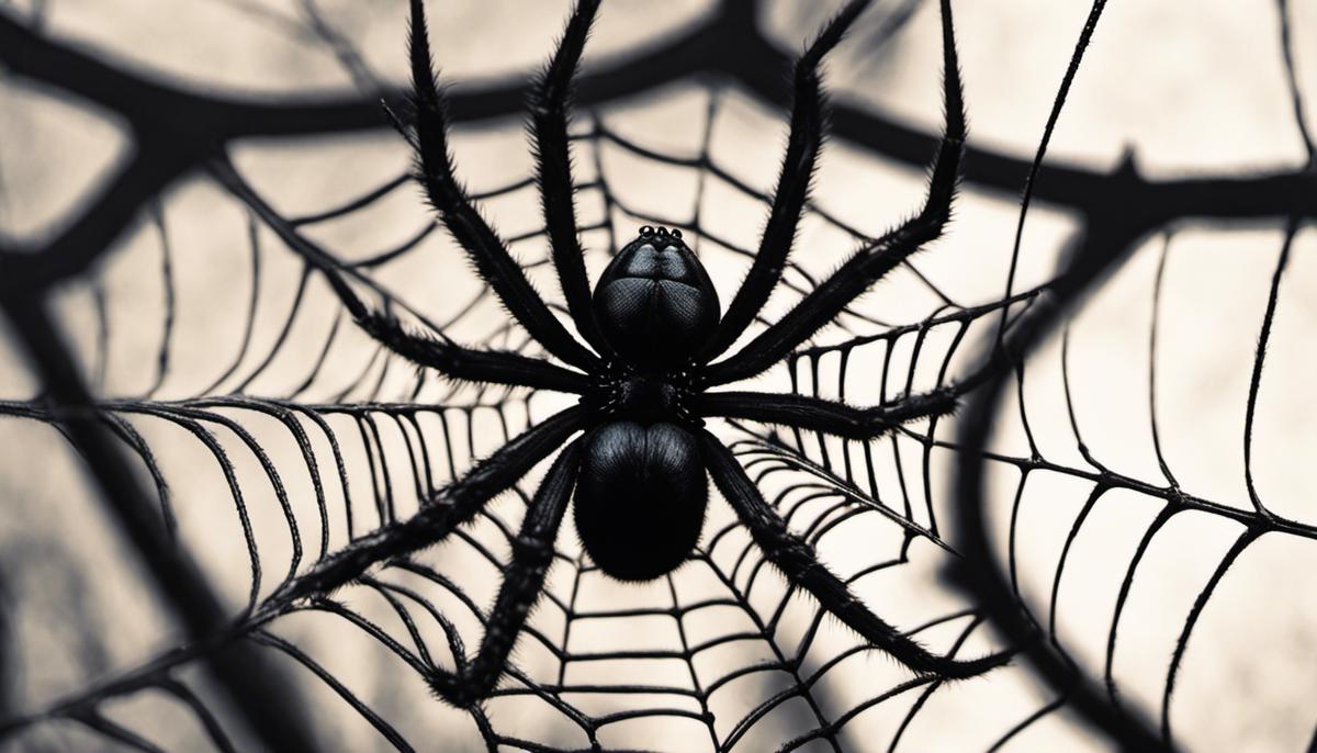 A black spider hanging on a web, symbolizing insight into dreams and self-awareness