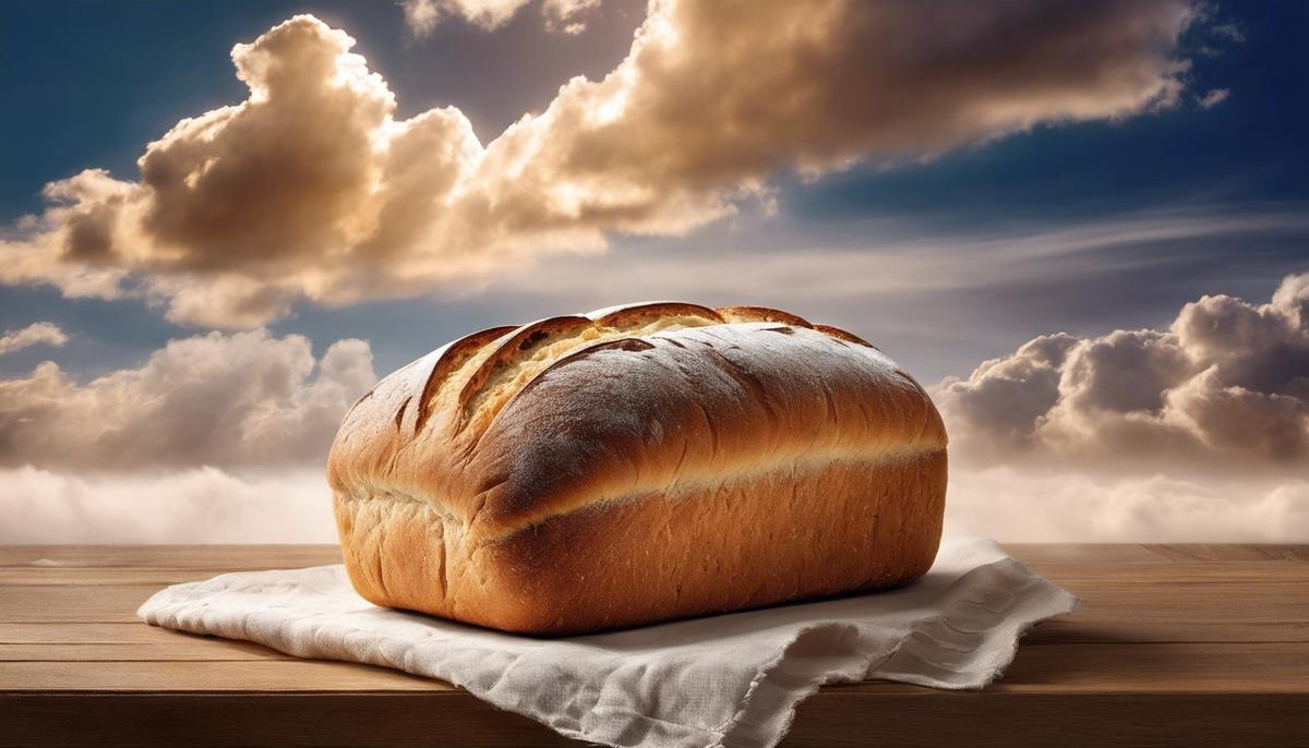 An image of a loaf of bread with dreamy clouds surrounding it, representing the concept of bread in dreams.