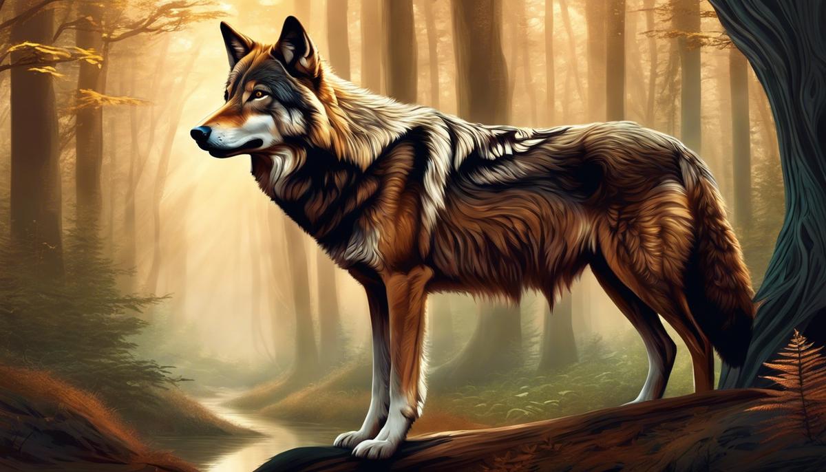 Illustration of a brown wolf standing in a dreamlike forest, symbolizing the mystical and complex nature of dreams
