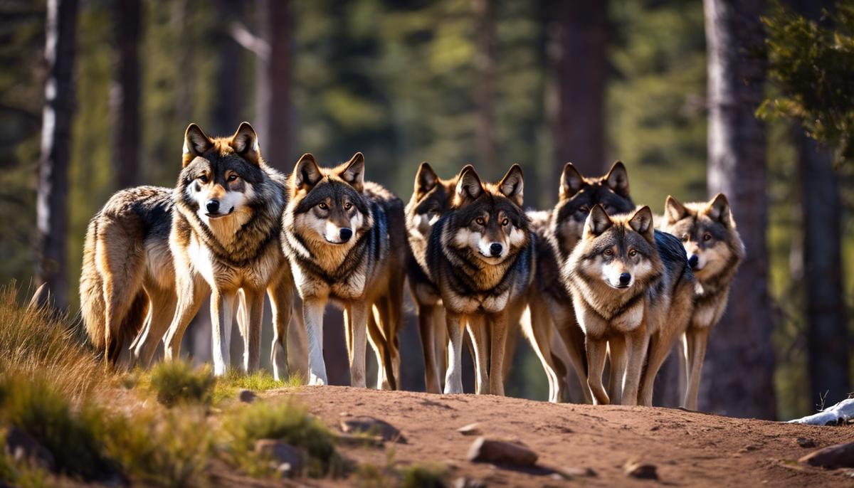 Image of a brown wolf pack in the wilderness