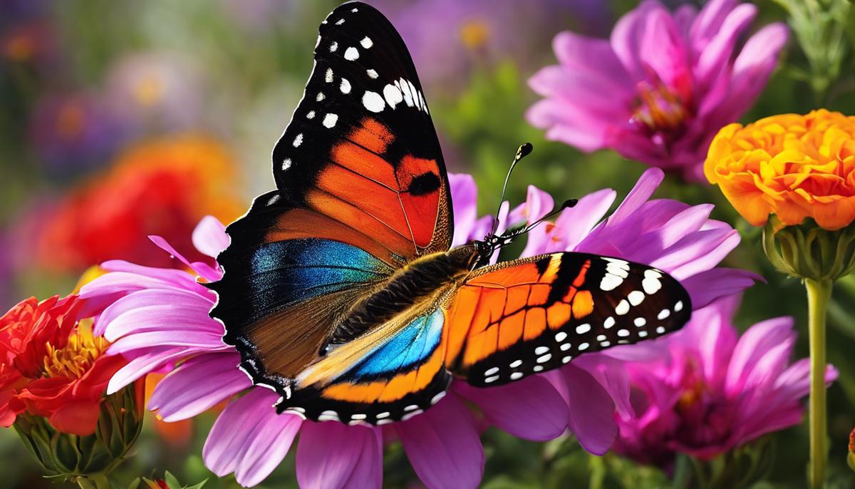 An image of a butterfly surrounded by colorful flowers, representing the magical nature of butterfly dreams.
