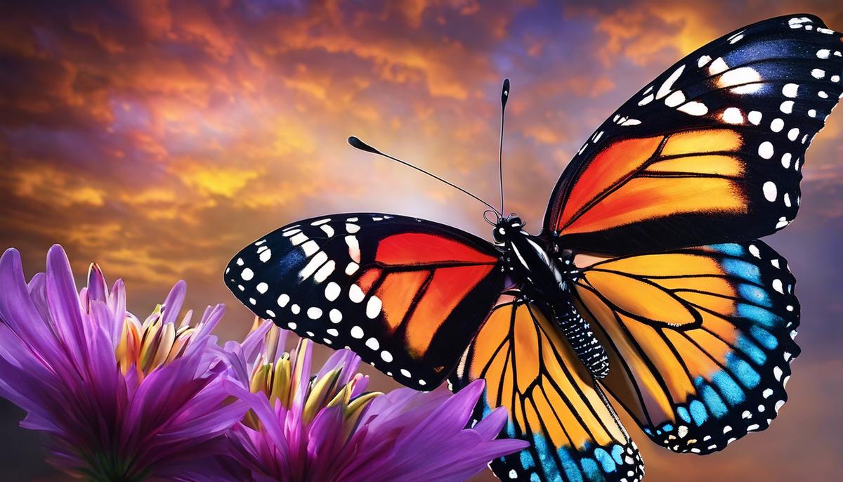 A colorful butterfly in a dream, representing personal growth and self-awareness for someone that is visually impaired