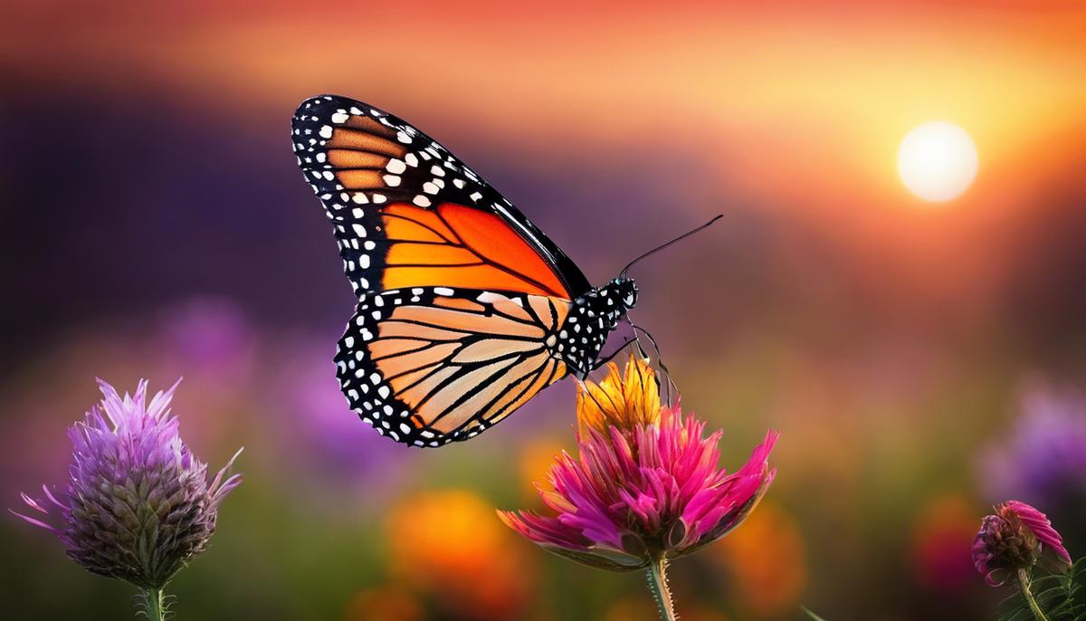A serene image of a butterfly flying amidst a colorful sunset