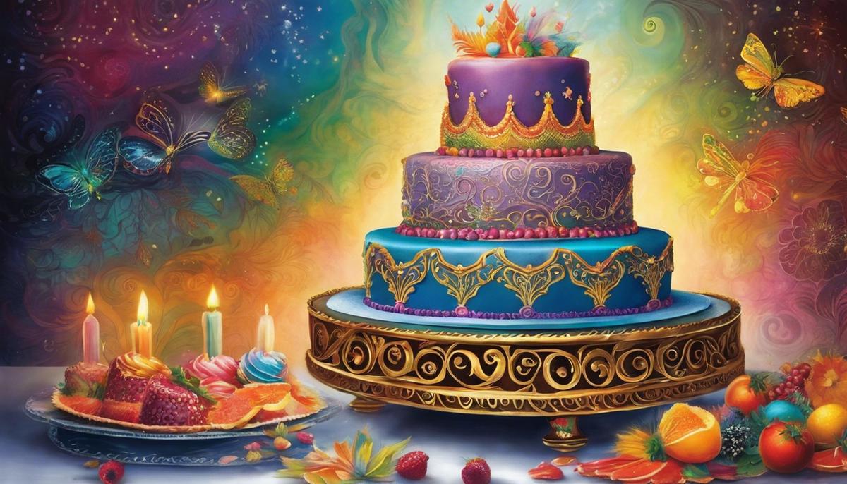 Image description: Illustration of a colorful and intricately decorated cake, symbolizing the spiritual meanings associated with dreaming about cake.