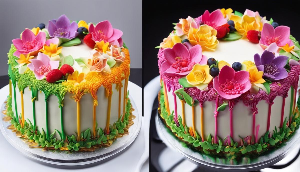 A mouthwatering image of a cake with colorful decor and icing.